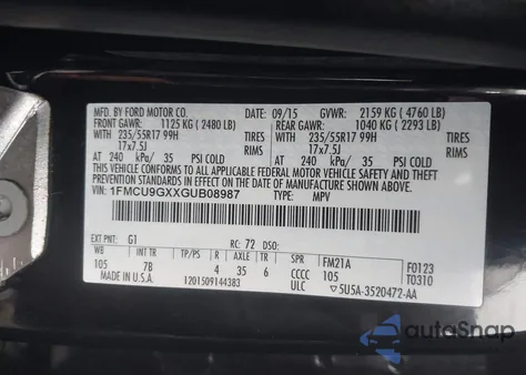 2016 Ford Escape Se from USA, damaged, VIN 1FMCU9GXXGUB08987